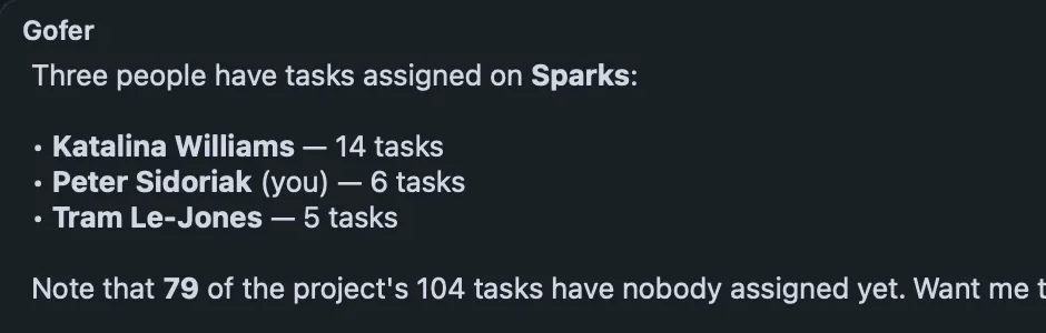 Gofer answering: Three people have tasks assigned on Sparks: Katalina Williams, 14 tasks; Peter Sidoriak (you), 6 tasks; Tram Le-Jones, 5 tasks.