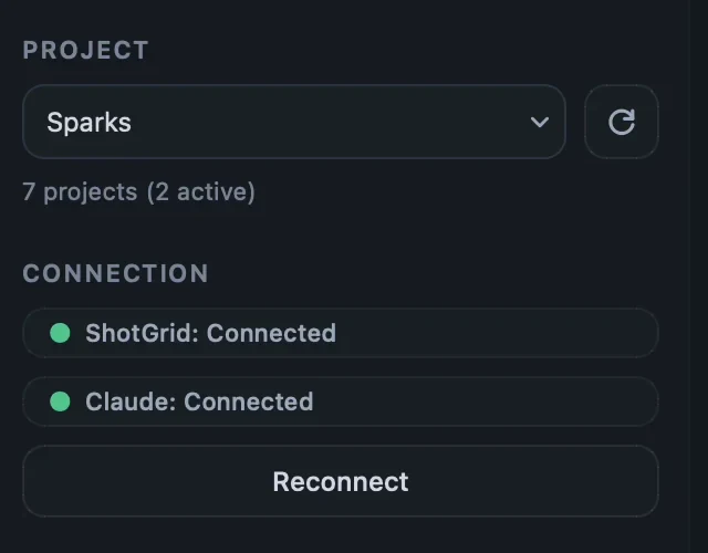 Gofer's sidebar: project Sparks selected, 7 projects (2 active), ShotGrid connected, Claude connected.