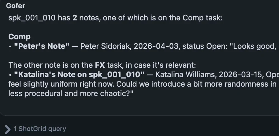 Gofer listing two notes on spk_001_010, with 1 ShotGrid query shown under the answer.